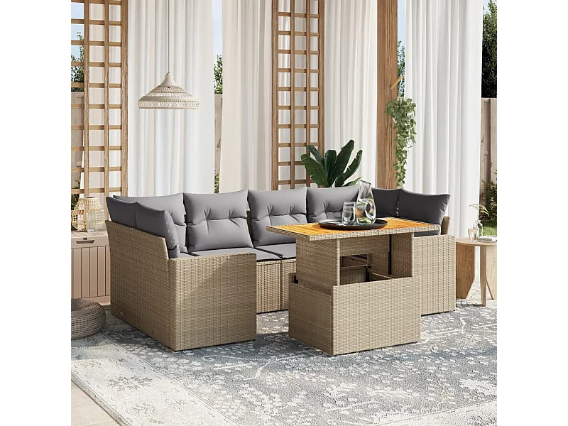 Salon de jardin avec coussins 7 pièces beige résine tressée