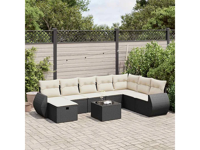 Set de sofás de jardín con cojines 9 piezas ratán sintético negro