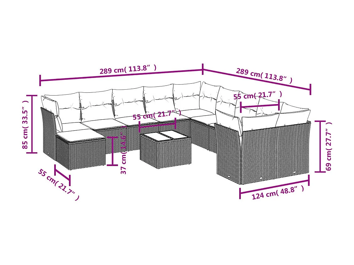 Set de sofás de jardín y cojines 12 piezas ratán sintético marrón