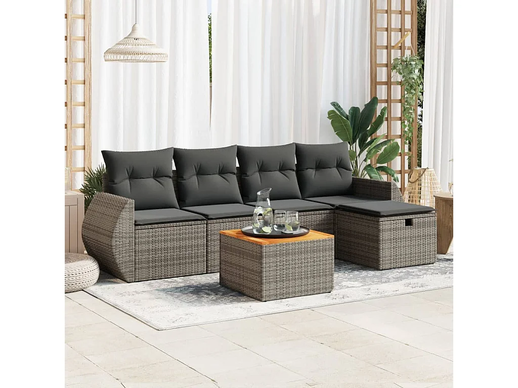 Set de muebles de jardín 6 piezas y cojines ratán sintético gris