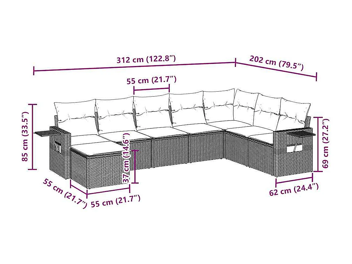 Set de sofás de jardín 8 piezas y cojines ratán sintético gris