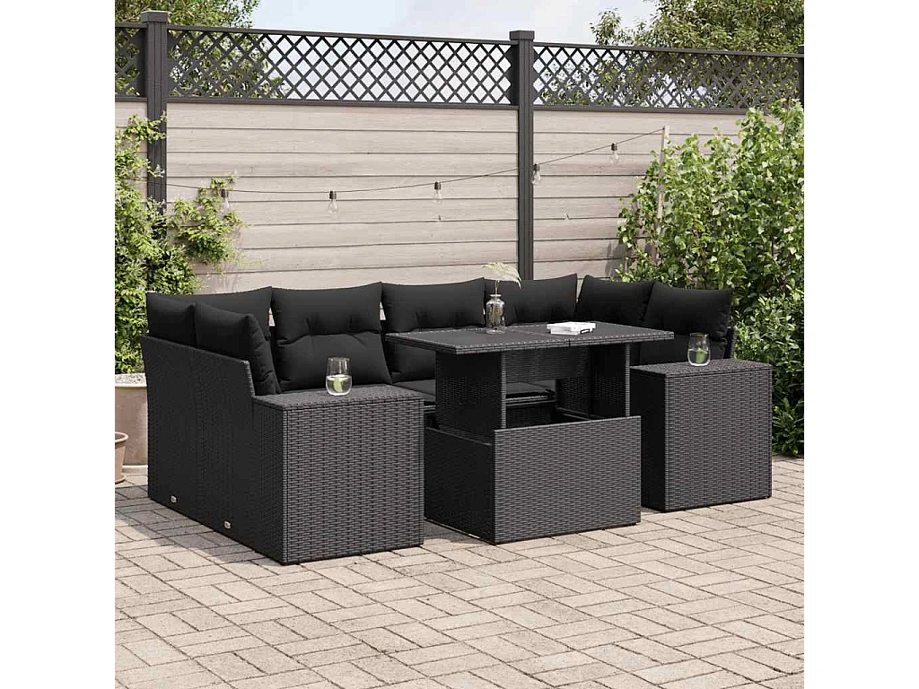 7 peças conjunto de sofás para jardim com almofadões vime PE preto