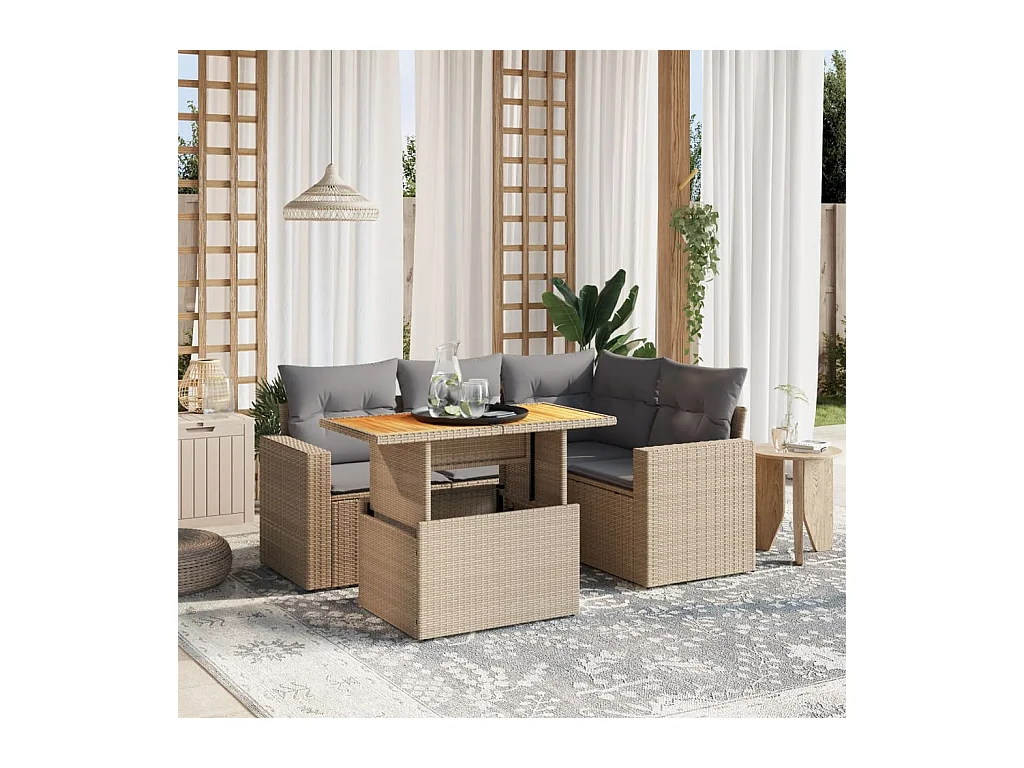 Salon de jardin avec coussins 5 pièces beige résine tressée