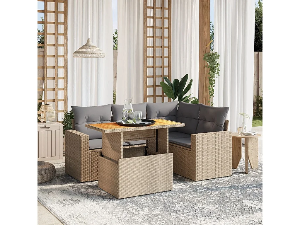 5 peças conjunto de sofás para jardim com almofadões vime PE bege