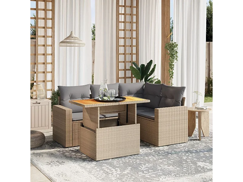 Salon de jardin avec coussins 5 pièces beige résine tressée