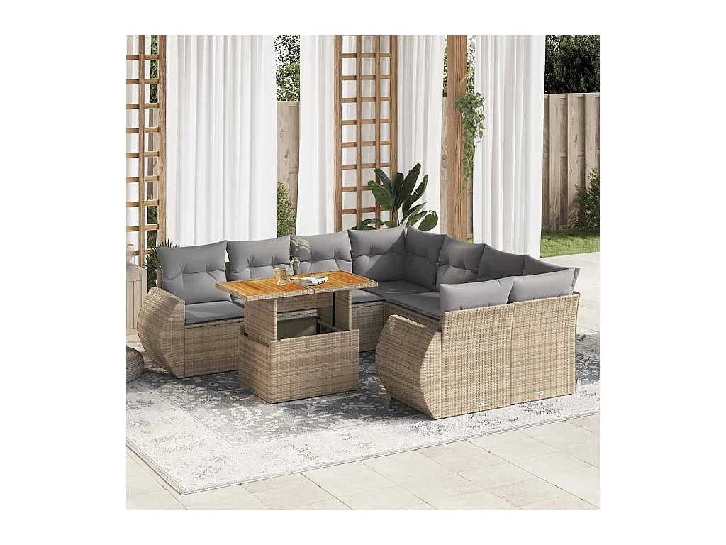 Salon de jardin avec coussins 9 pièces beige résine tressée