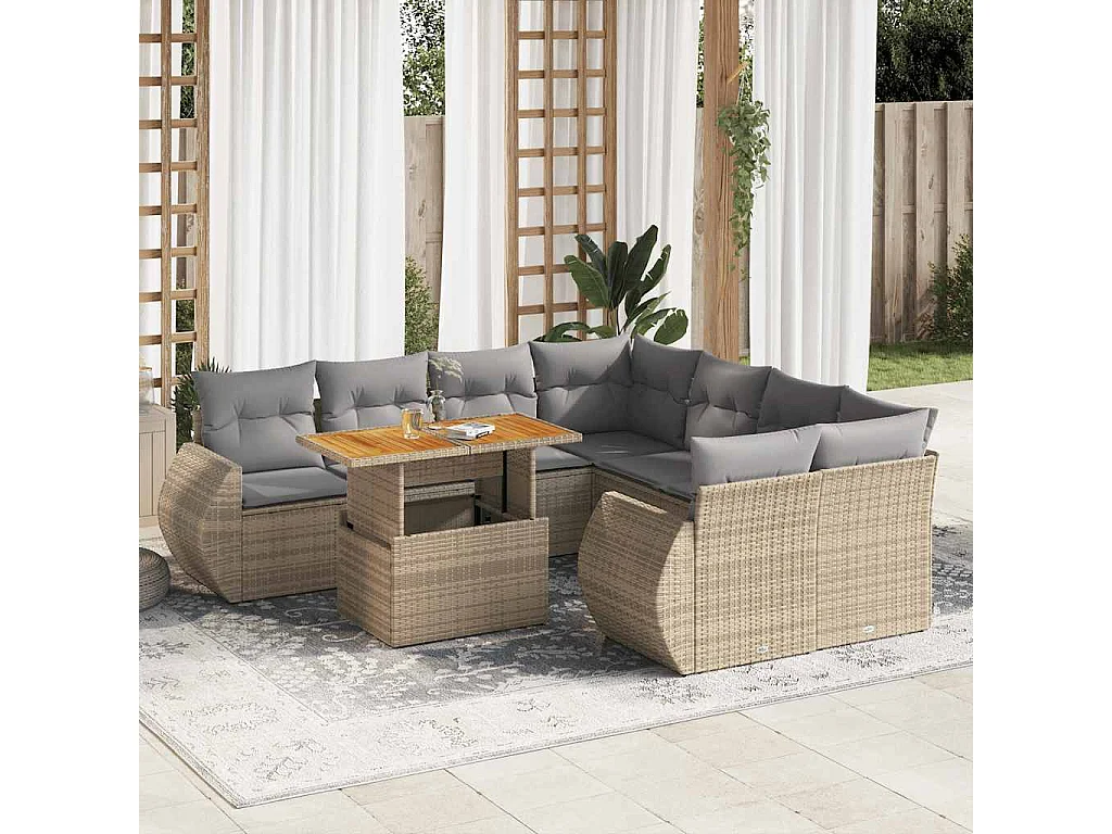 Salon de jardin avec coussins 9 pièces beige résine tressée