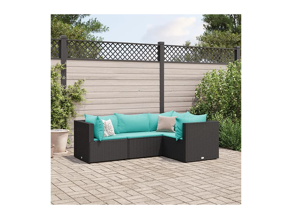 Salon de jardin 4 pièces avec coussins Noir Résine tressée