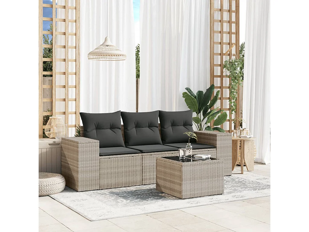 Salon de jardin 4 pièces avec coussins gris clair résine tressée