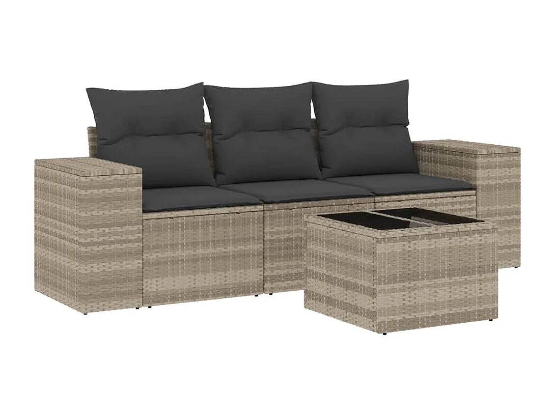 Salon de jardin 4 pièces avec coussins gris clair résine tressée