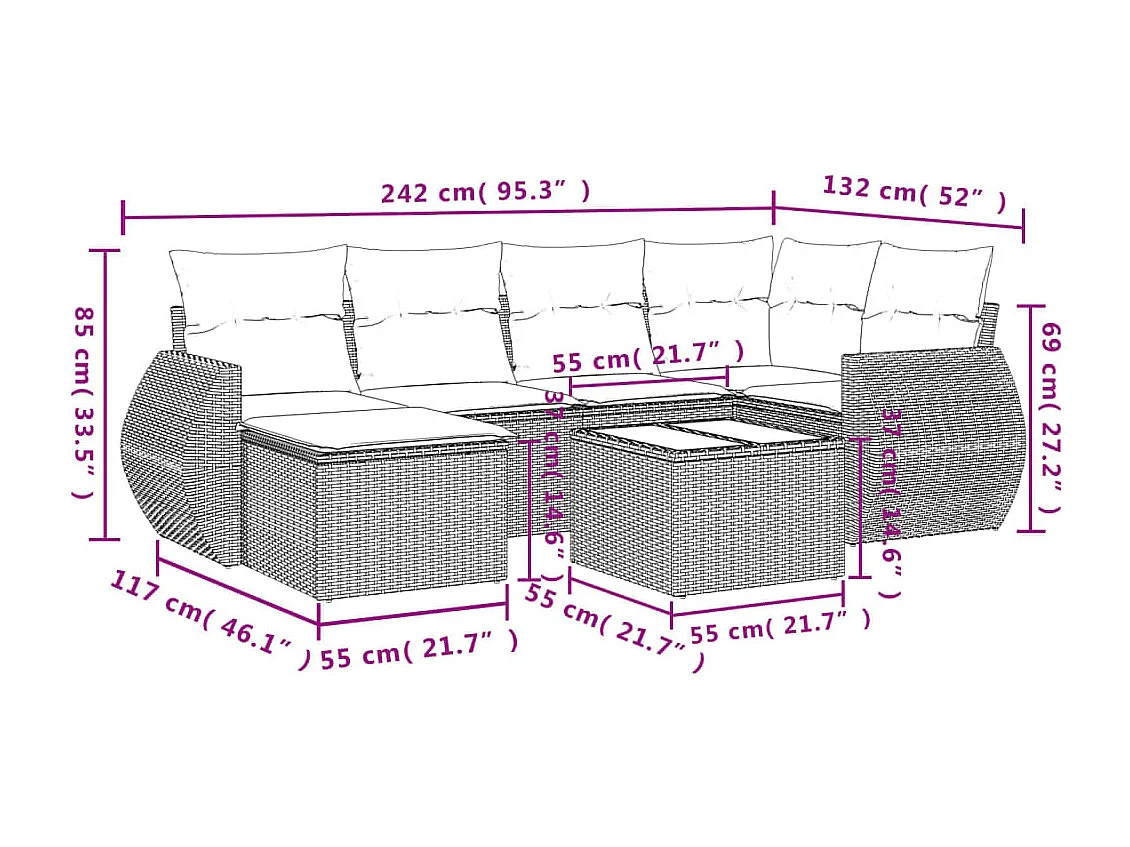 7-delige Loungeset met kussens poly rattan lichtgrijs