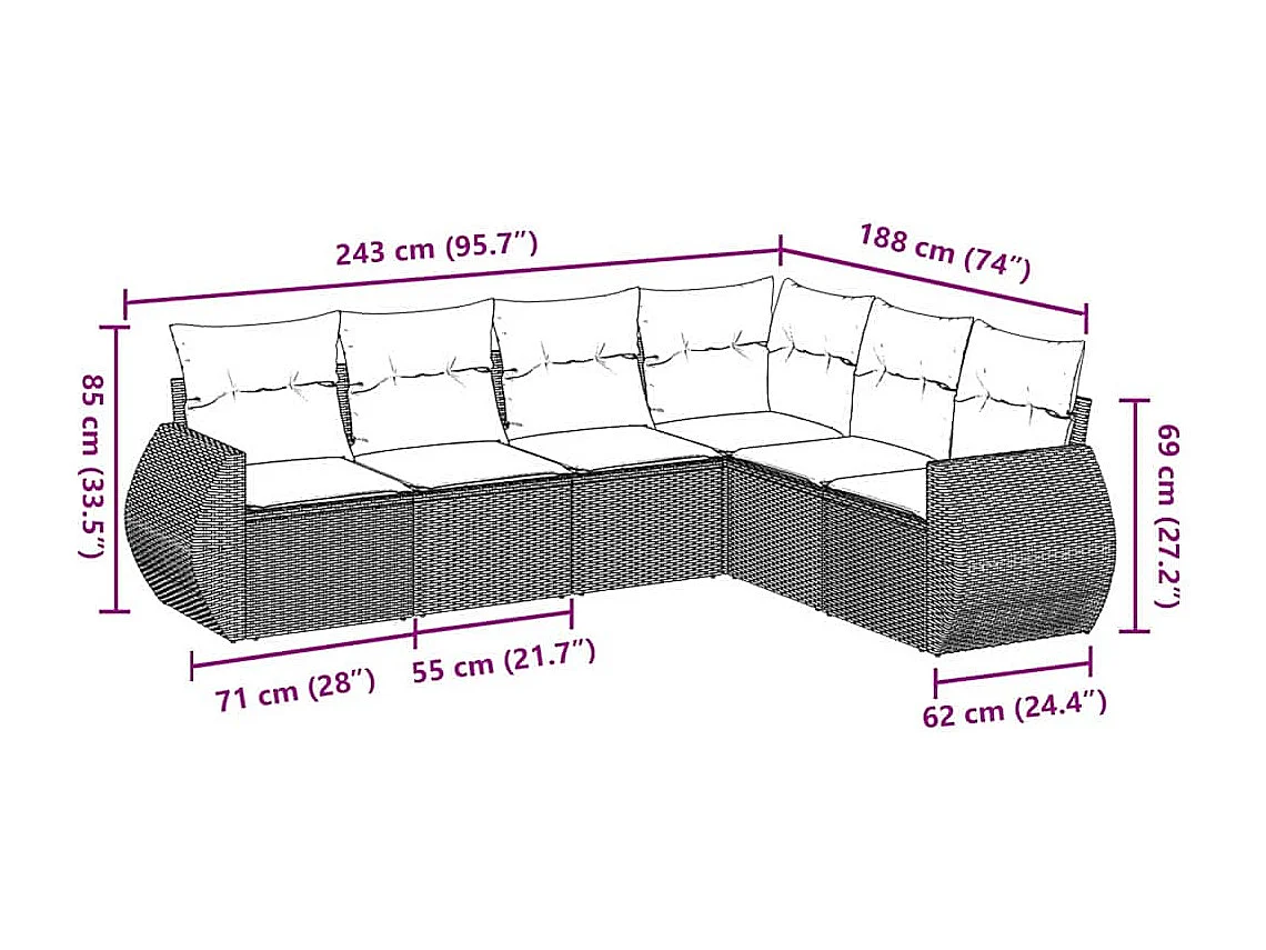 Salon de jardin 6 pièces avec coussins gris clair résine tressée
