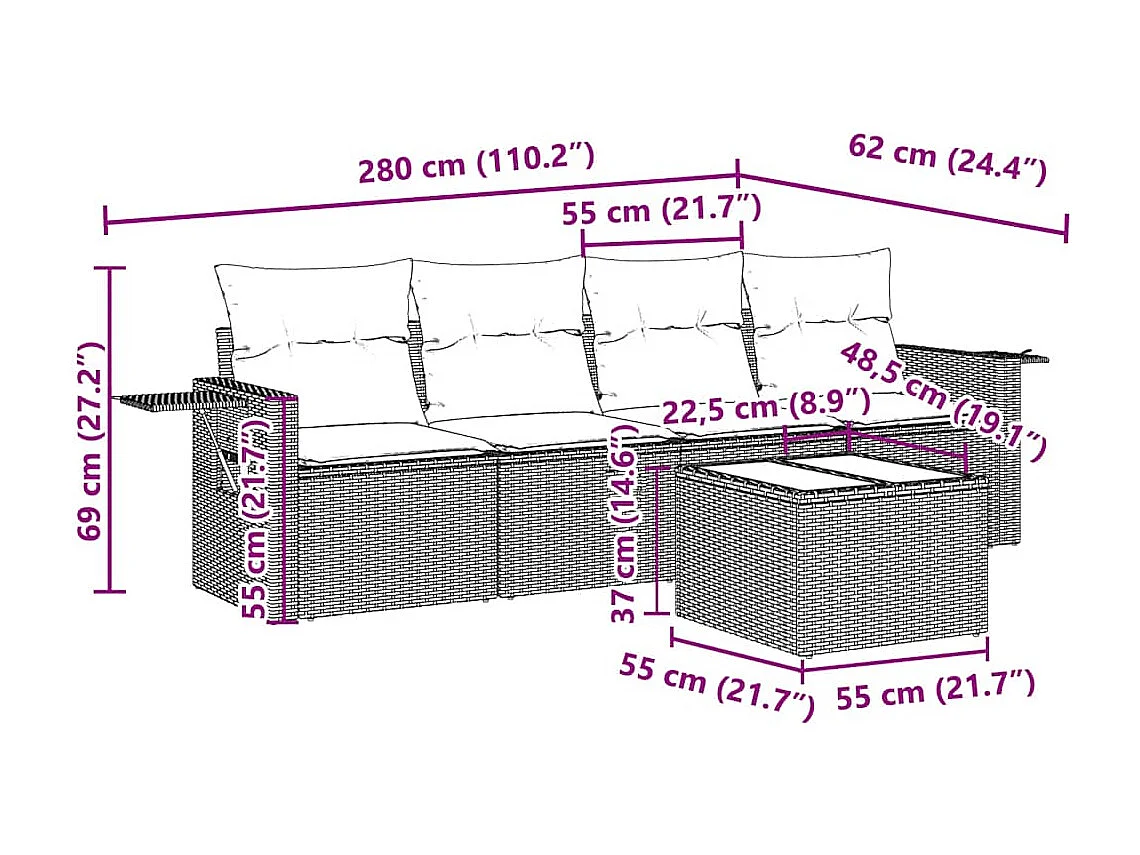 5-delige Loungeset met kussens poly rattan lichtgrijs