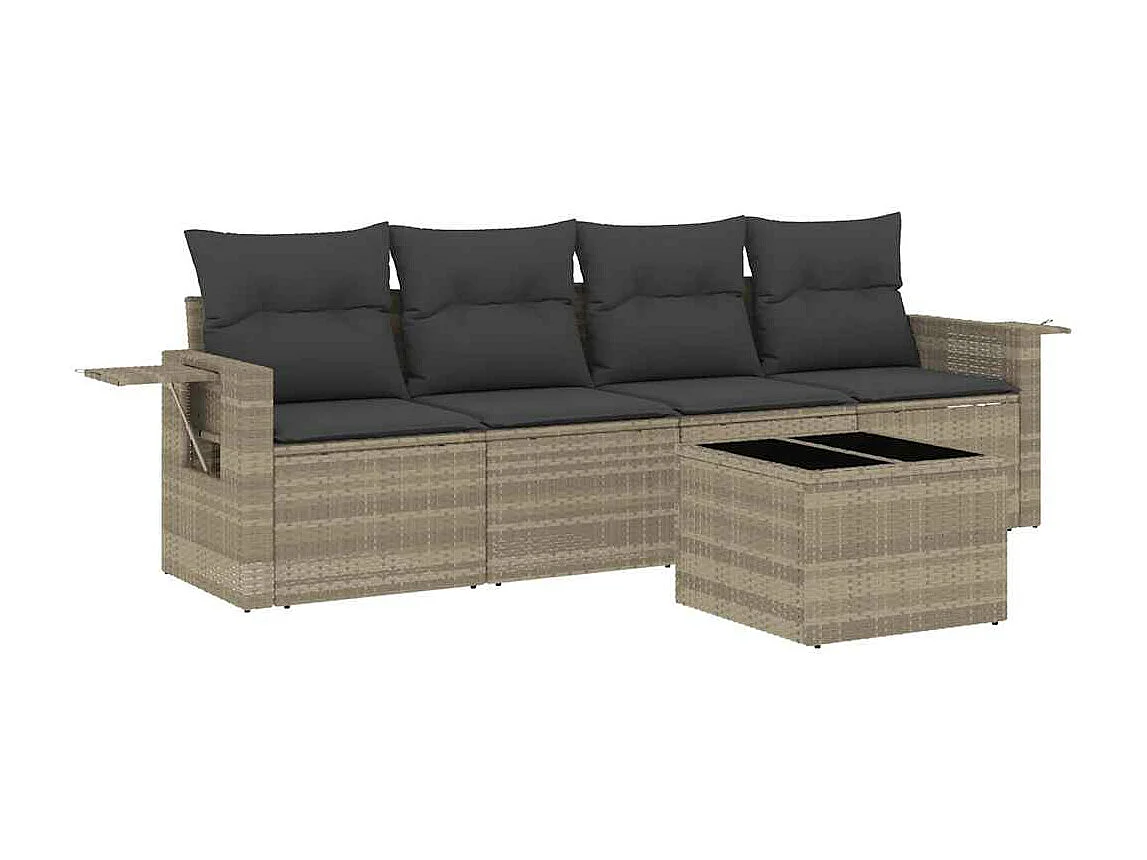 Salon de jardin 5 pièces avec coussins gris clair résine tressée