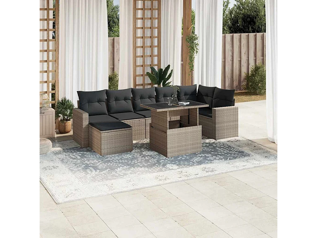 Salon de jardin 8 pièces avec coussins gris clair résine tressée