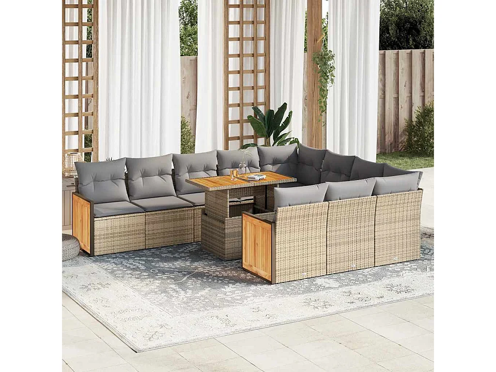 11 peças conjunto sofás jardim com almofadões vime PE/acácia bege