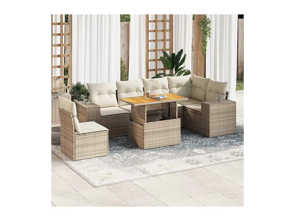 Salon de jardin avec coussins 7 pièces beige résine tressée