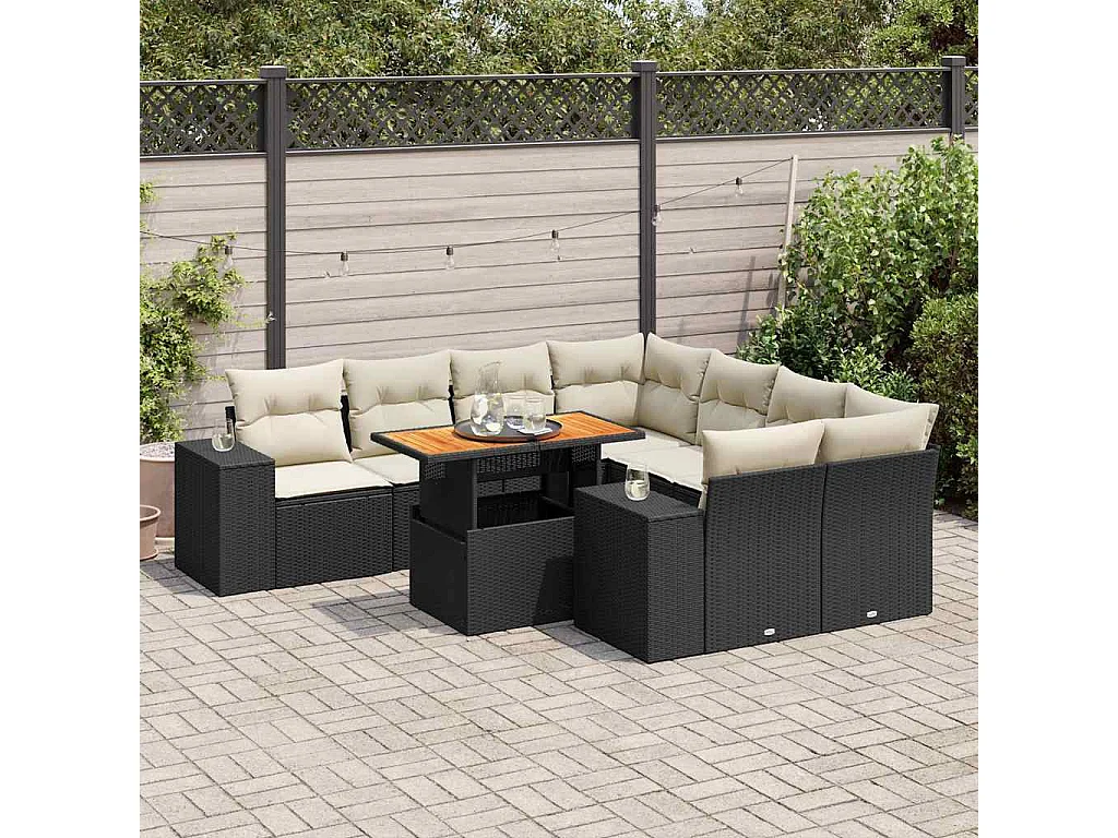 Salon de jardin 9 pièces avec coussins noir résine tressée
