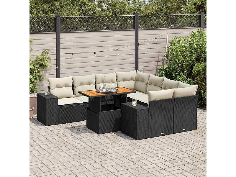 Set de sofás de jardín con cojines 9 piezas ratán sintético negro
