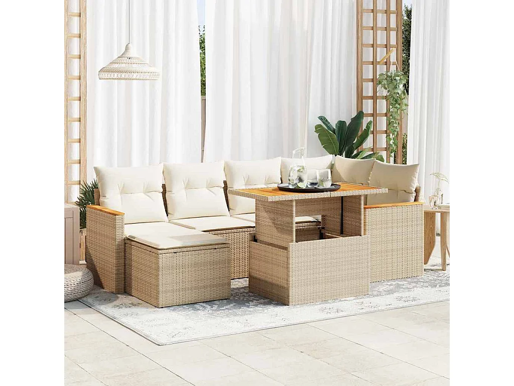Salon de jardin avec coussins 7 pièces beige résine tressée acacia