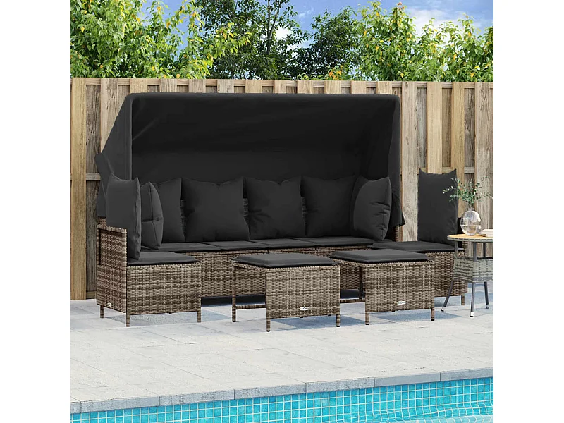 5 peças conjunto sofás de jardim com almofadões vime PE cinzento