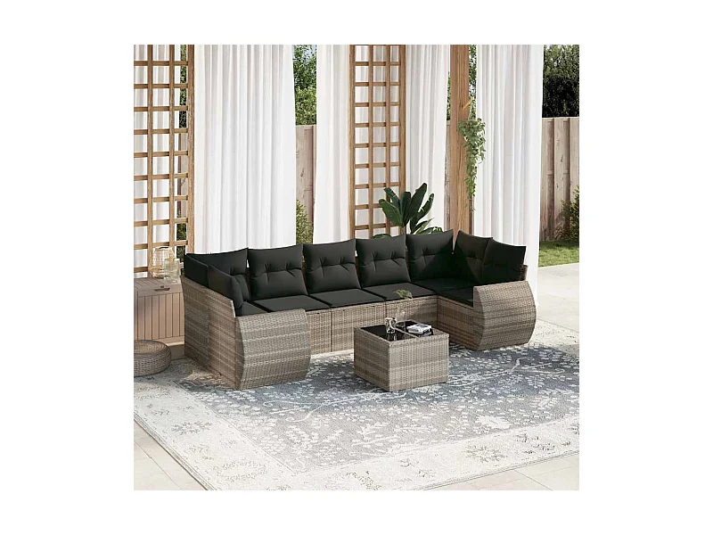 8 peças conj. sofás jardim com almofadões vime PE cinzento-claro
