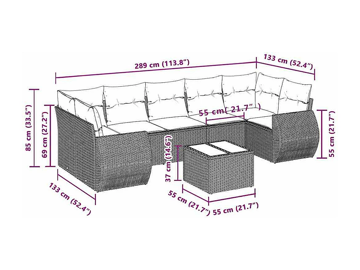 Set de sofás de jardín 8 piezas y cojines ratán sintético gris