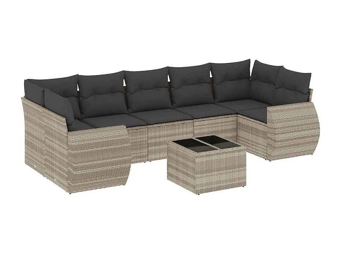 Set de sofás de jardín 8 piezas y cojines ratán sintético gris