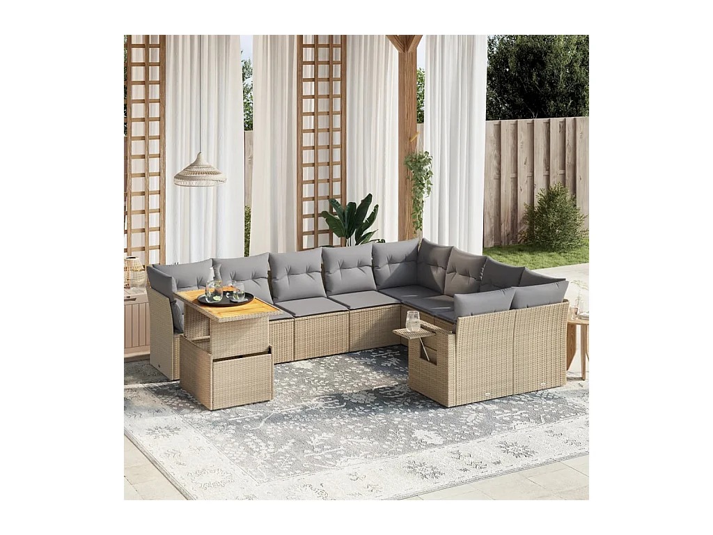 Salon de jardin avec coussins 10 pièces beige résine tressée