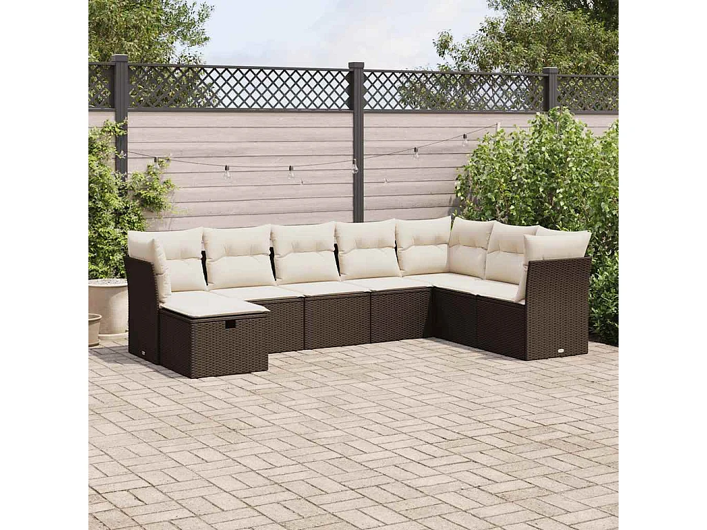 8 peças conjunto sofás de jardim com almofadões vime PE castanho