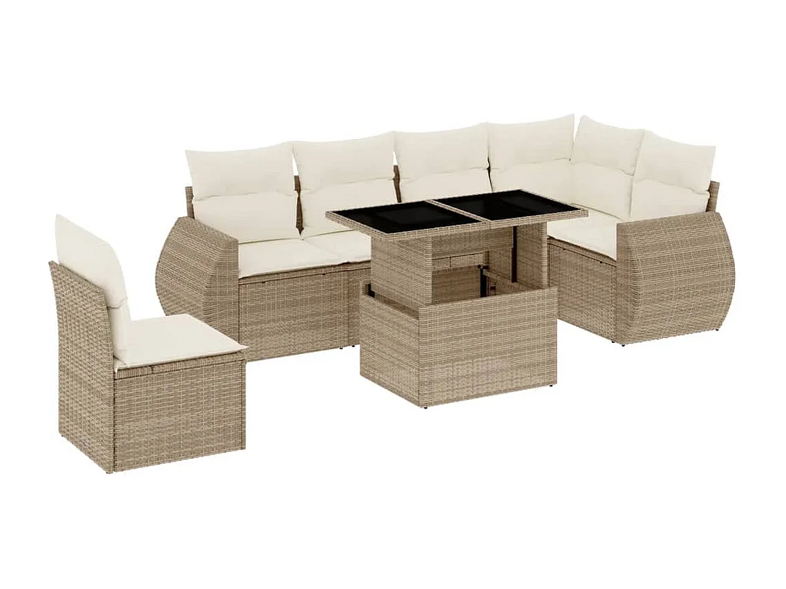 7-delige Loungeset met kussens poly rattan beige