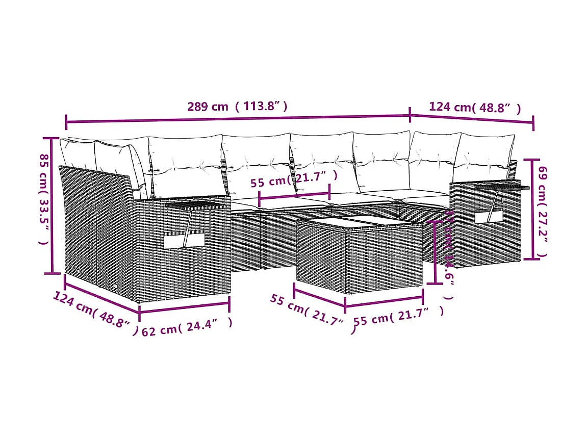 8 peças conjunto sofás de jardim com almofadões vime PE castanho