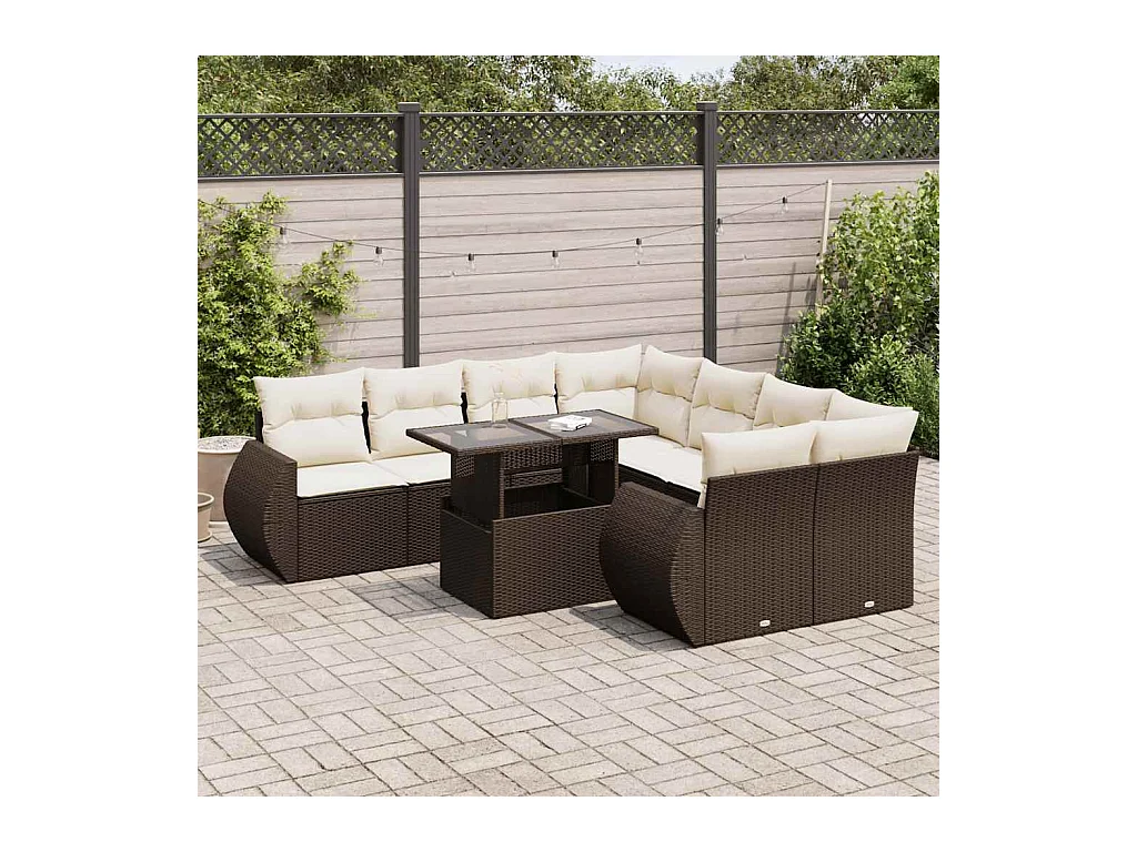 9-delige Loungeset met kussens poly rattan bruin