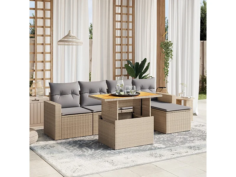 6-delige Loungeset met kussens poly rattan beige