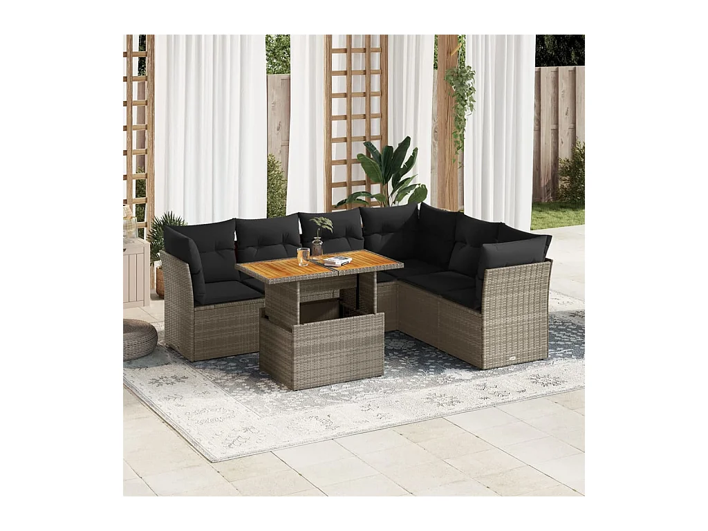 7 peças conjunto sofás para jardim com almofadões vime PE cinzento