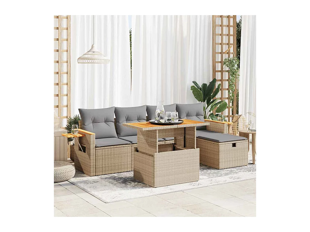 6-delige Loungeset met kussens poly rattan beige