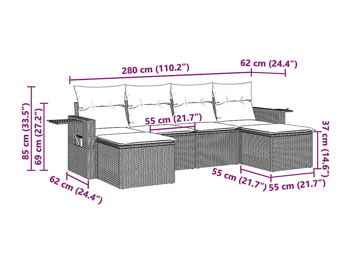 6 peças conj. sofás jardim com almofadões vime PE cinzento-claro