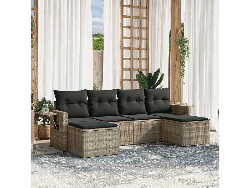 Set de sofás de jardín 6 piezas y cojines ratán sintético gris