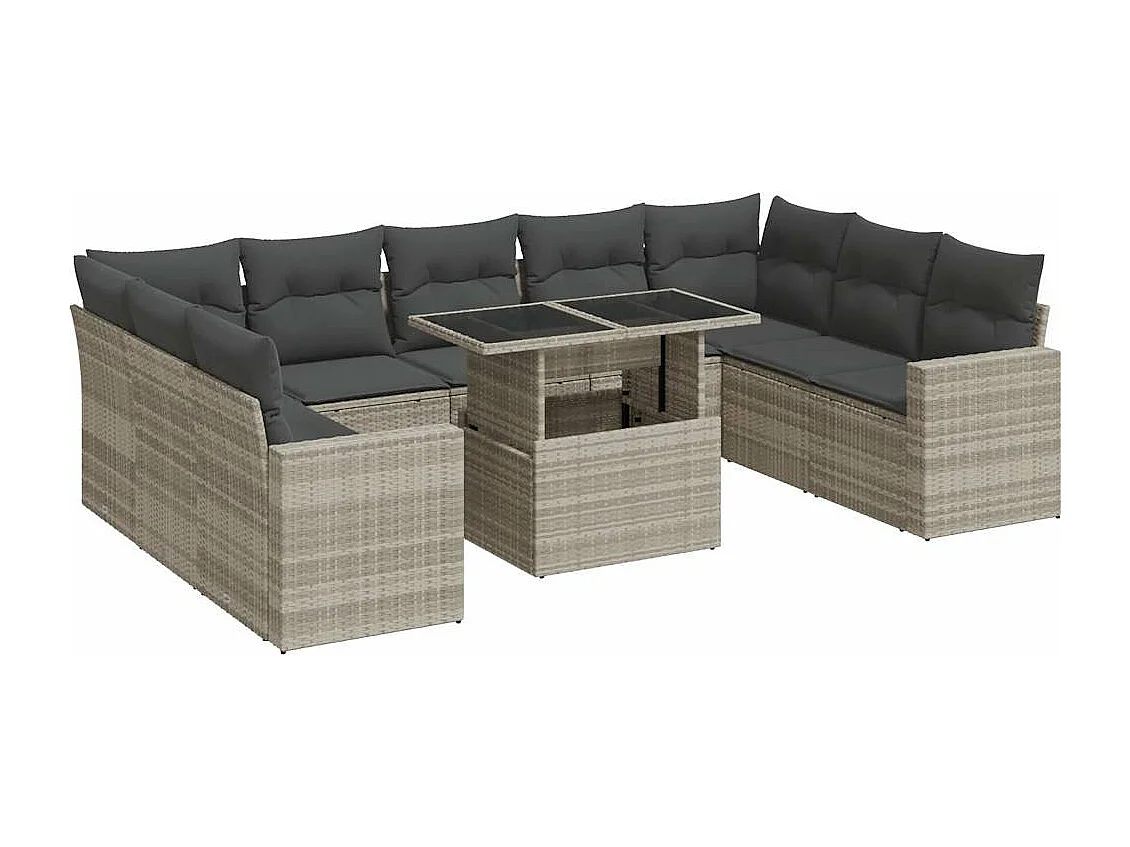 10 peças conj. sofás jardim com almofadões vime PE cinzento-claro