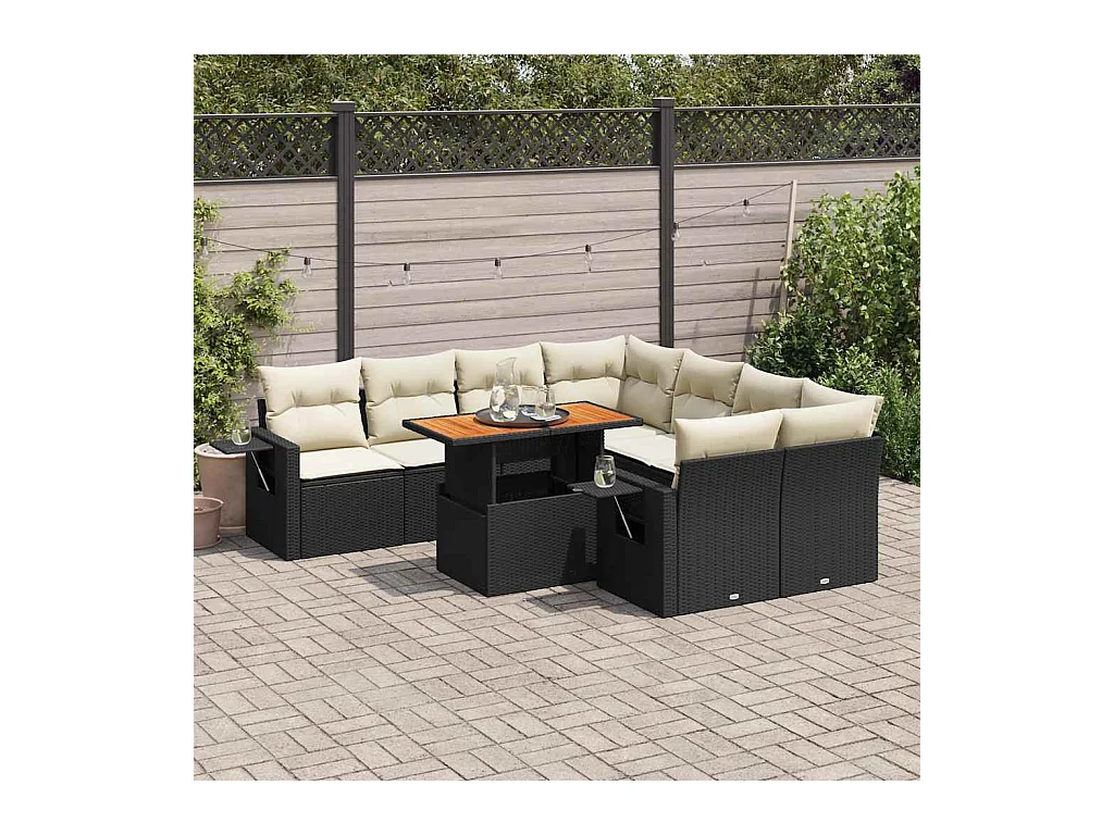 Salon de jardin 9 pièces avec coussins noir résine tressée