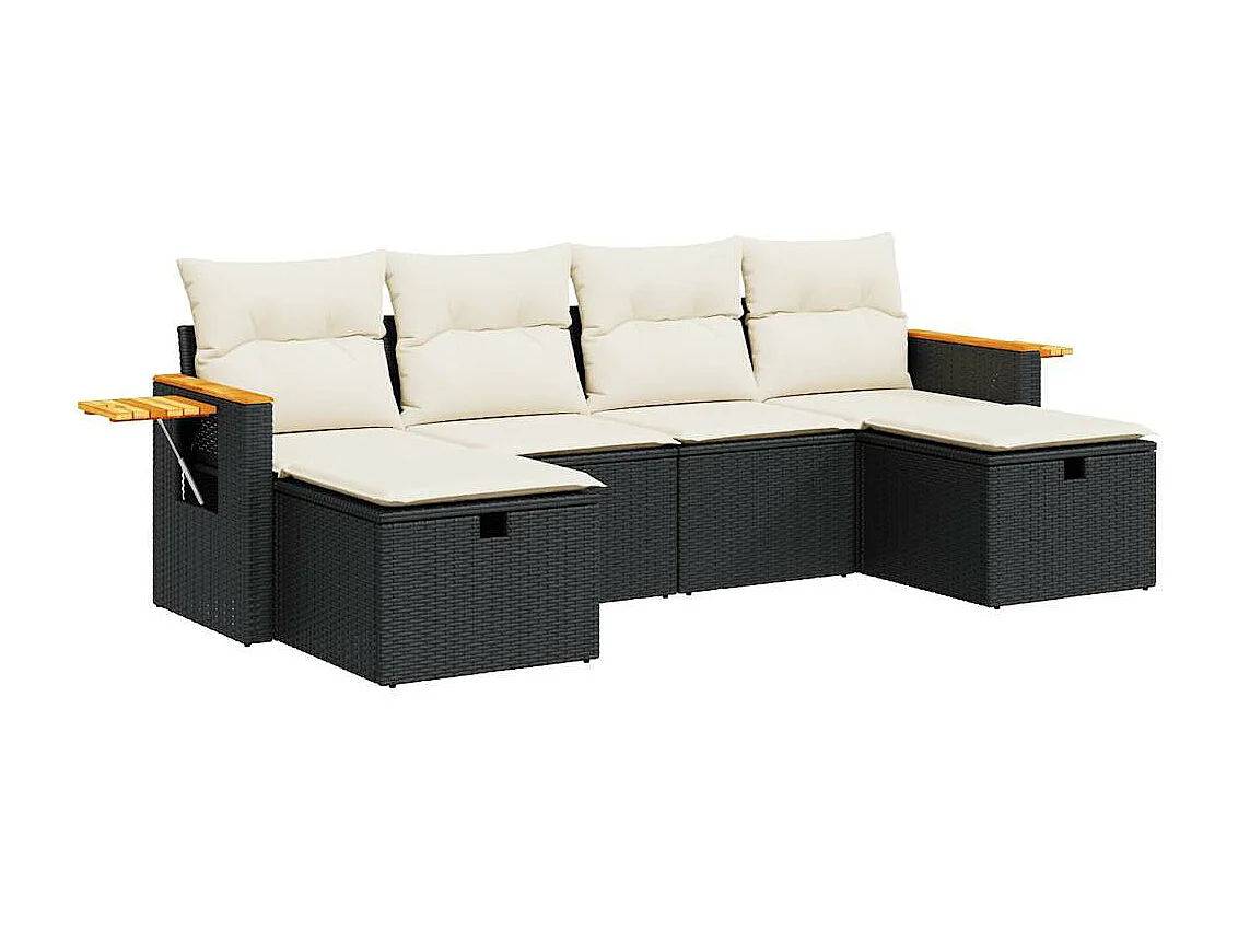 6-delige Loungeset met kussens poly rattan zwart