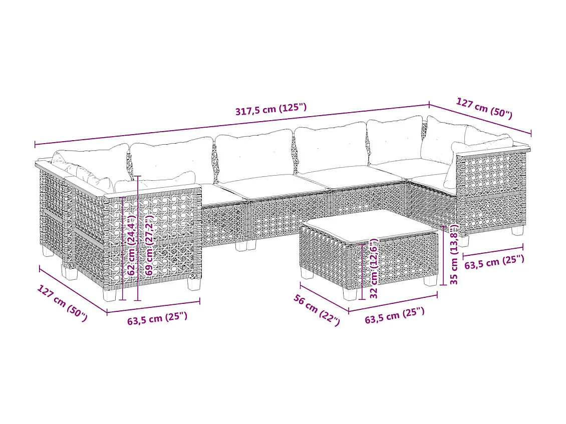 8 peças conjunto sofás de jardim com almofadões vime PE cinzento