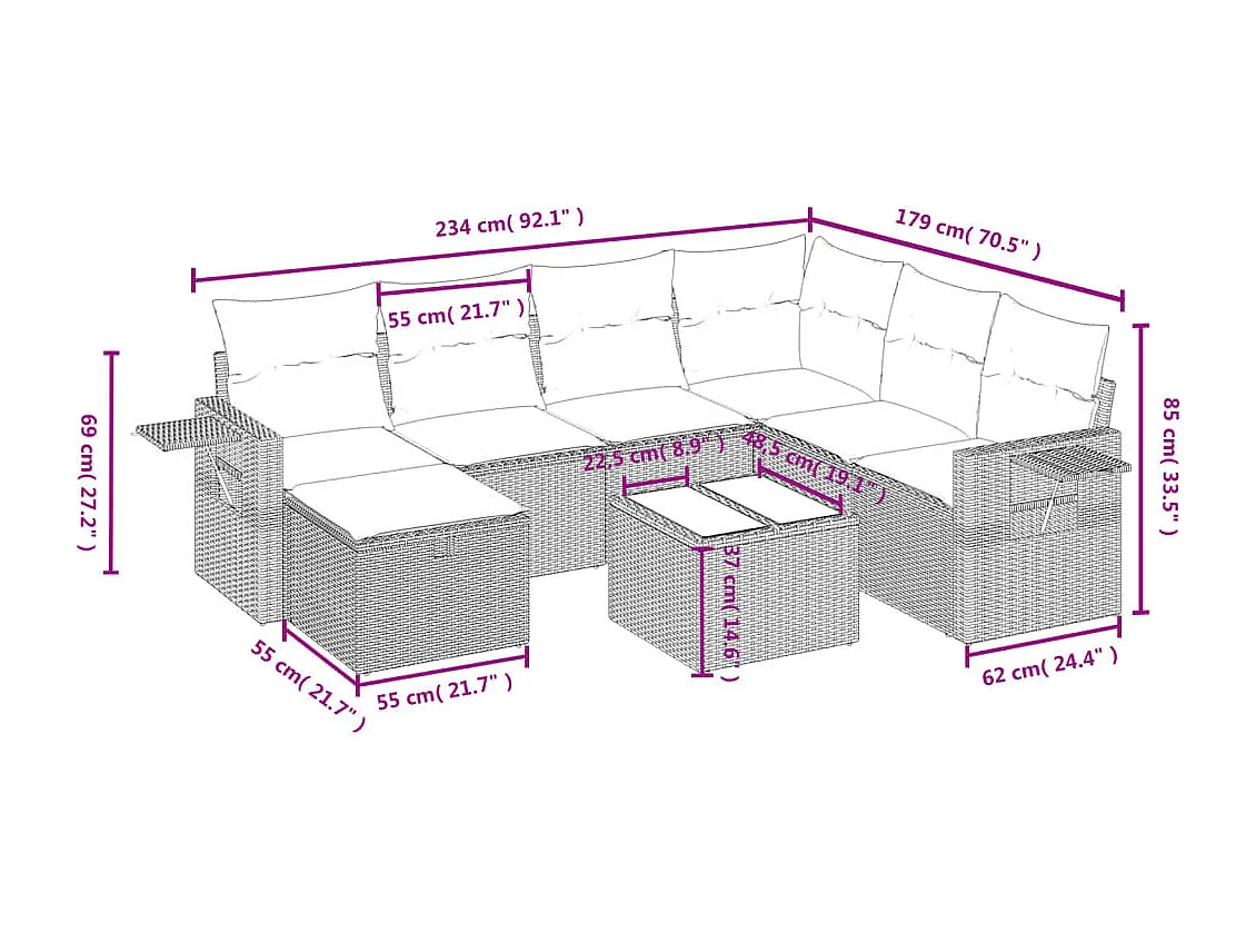 Salon de jardin 8 pièces avec coussins marron résine tressée