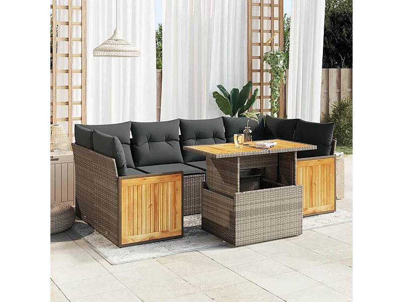 Salon de jardin avec coussins 7 pièces gris résine tressée acacia