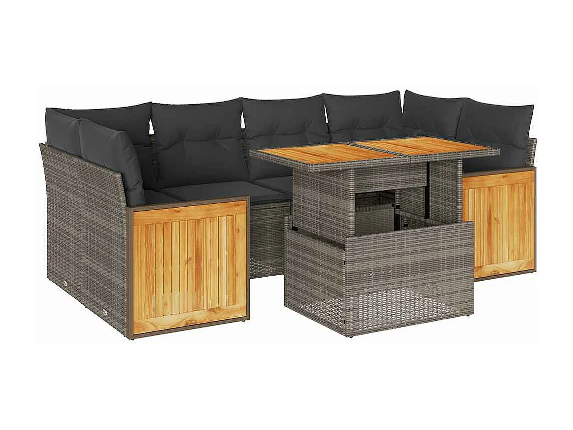 Salon de jardin avec coussins 7 pièces gris résine tressée acacia