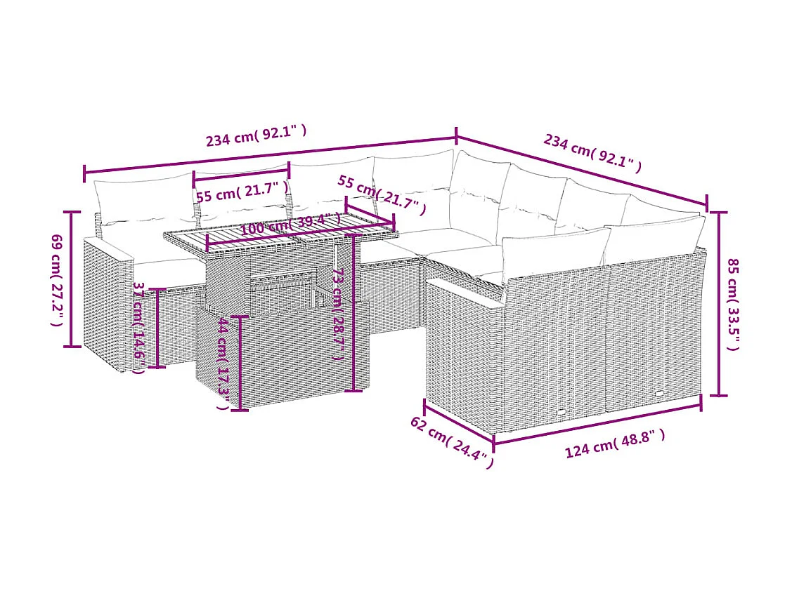 Salon de jardin avec coussins 9 pièces beige résine tressée