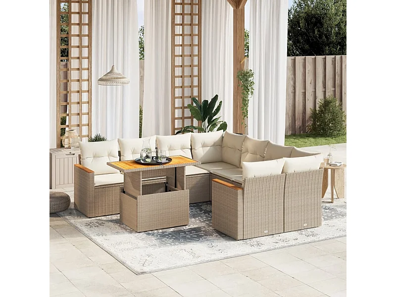 9 peças conjunto de sofás para jardim com almofadões vime PE bege