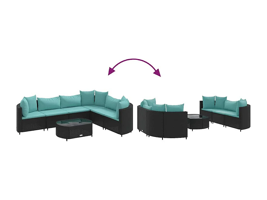 7-delige Loungeset met kussens poly rattan zwart