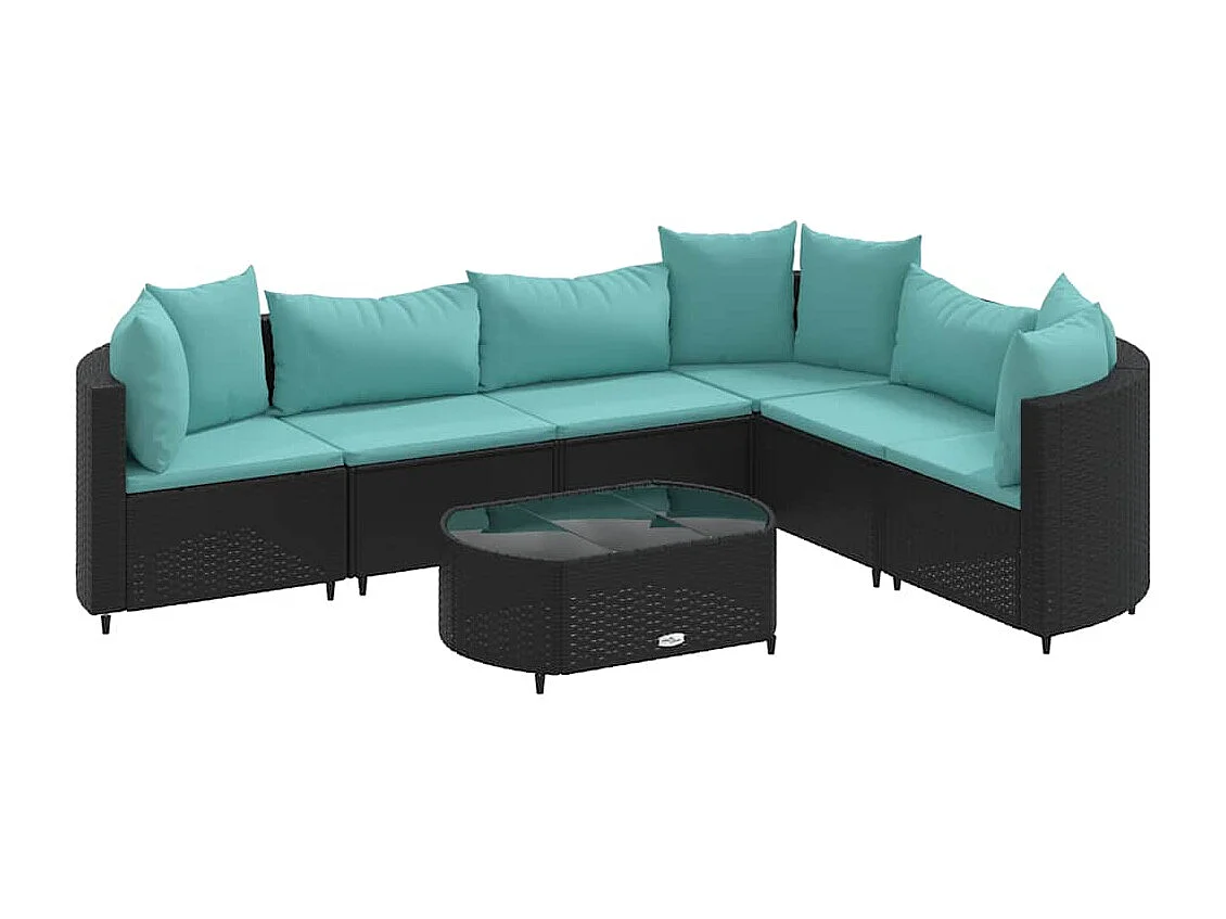 7-delige Loungeset met kussens poly rattan zwart