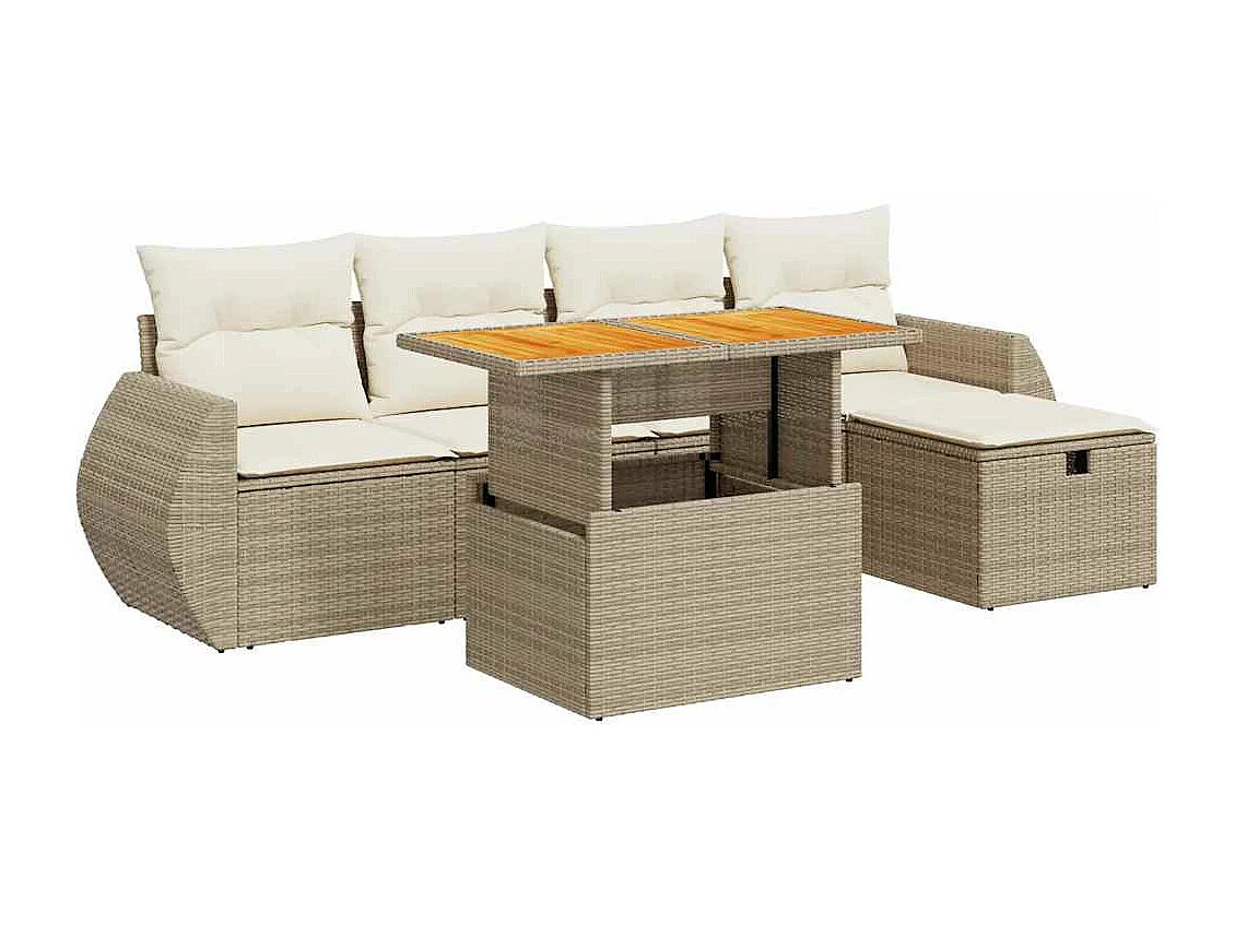 6-delige Loungeset met kussens poly rattan acacia beige